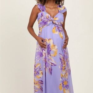 Lavender Floral Chiffon Off Shoulder Maternity Maxi Dress